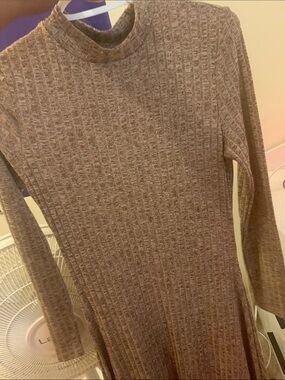 Women's Long Sleeve Ribbed Mock Neck Sweater Dress - Taupe